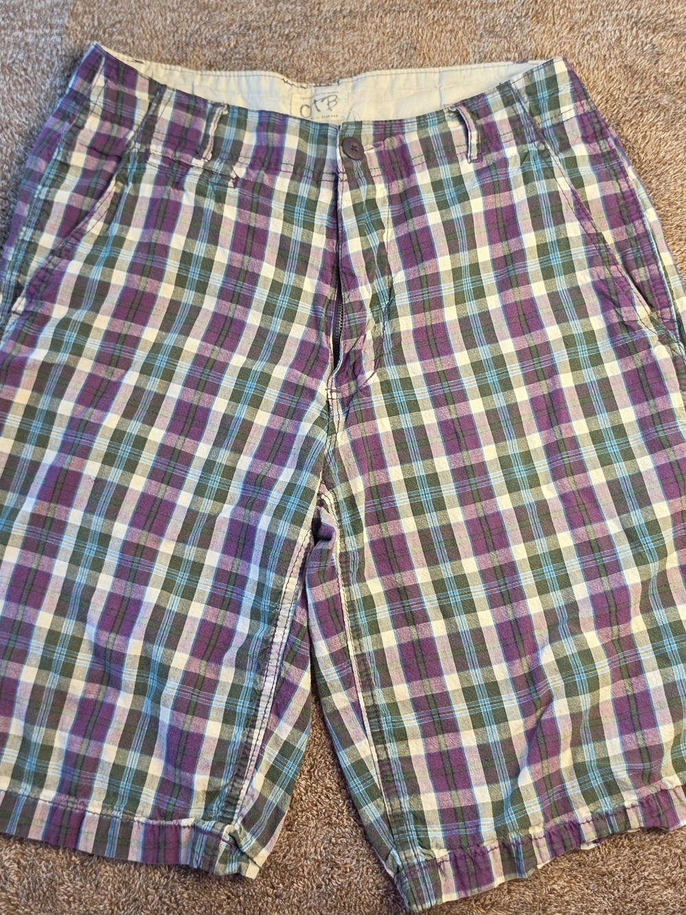 OTB Authentic Gear Men Plaid Flat Front Shorts Ramie Cotton Size 32 Purple Green